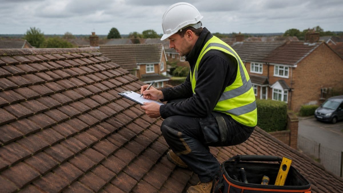 A roofing contractor in safety gear inspecting a residential tiled roof on a UK home, with a clipboard and toolkit visible, overcast British sky in the background