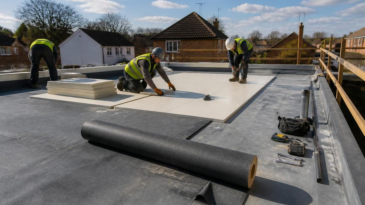 A roofing team installing rigid insulation boards on a flat roof deck, with a partially rolled-out waterproof membrane and a neat row of tools nearby, on a clear day in a residential area