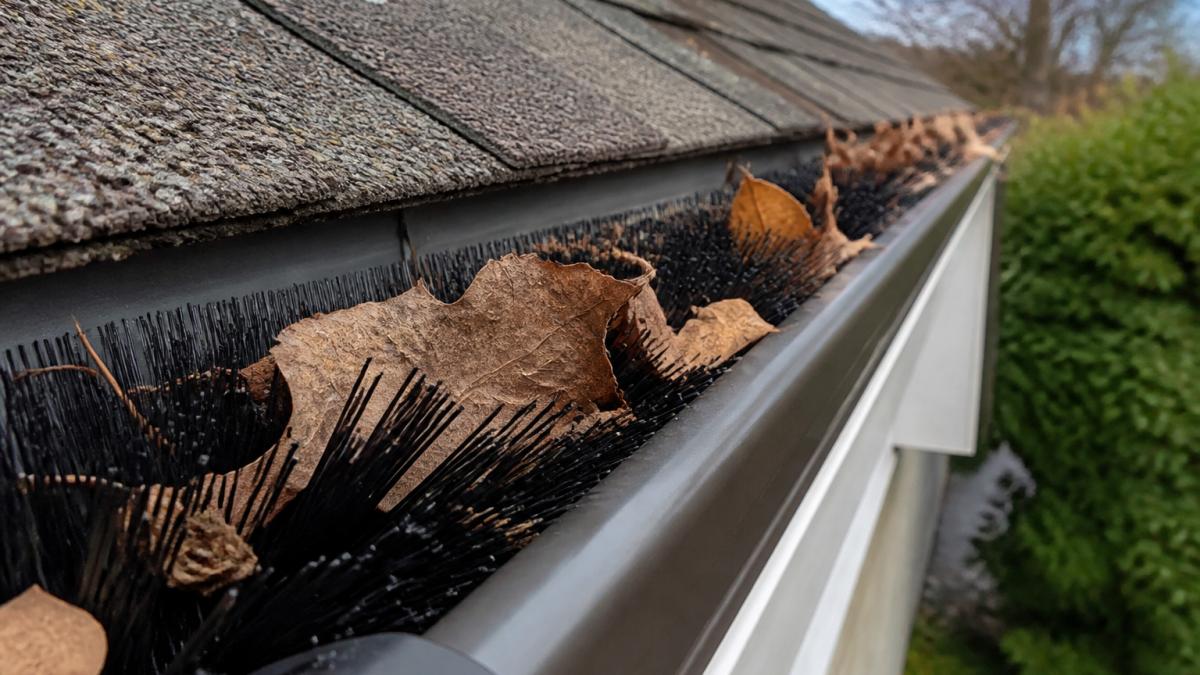 Close-up of residential gutter system showing brush guard bristles inserted into the channel, with visible leaves and debris caught on the bristles during autumn