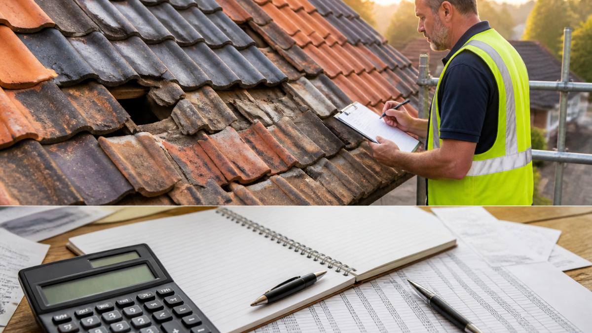 Close-up of a surveyor inspecting damaged roof tiles on a pitched roof, with various tile types and colours visible, morning sunlight highlighting broken sections