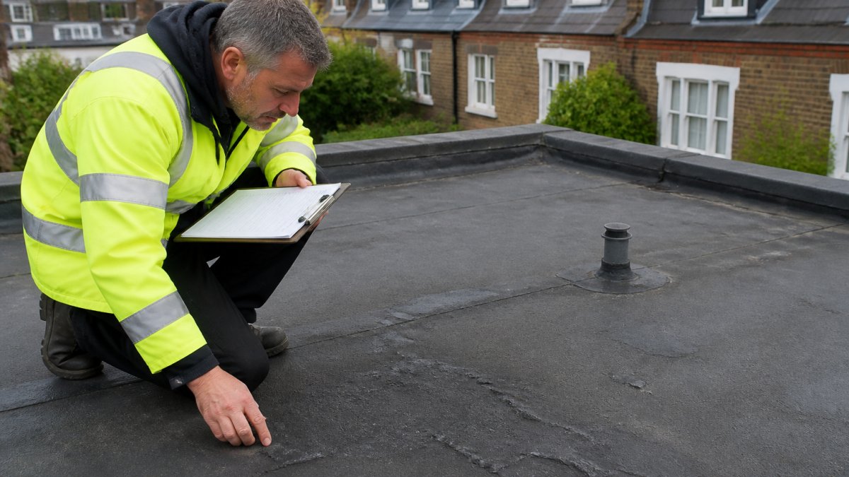 Professional surveyor in high-visibility jacket inspecting flat roof surface with clipboard, examining membrane for cracks and blistering in daylight, London residential setting
