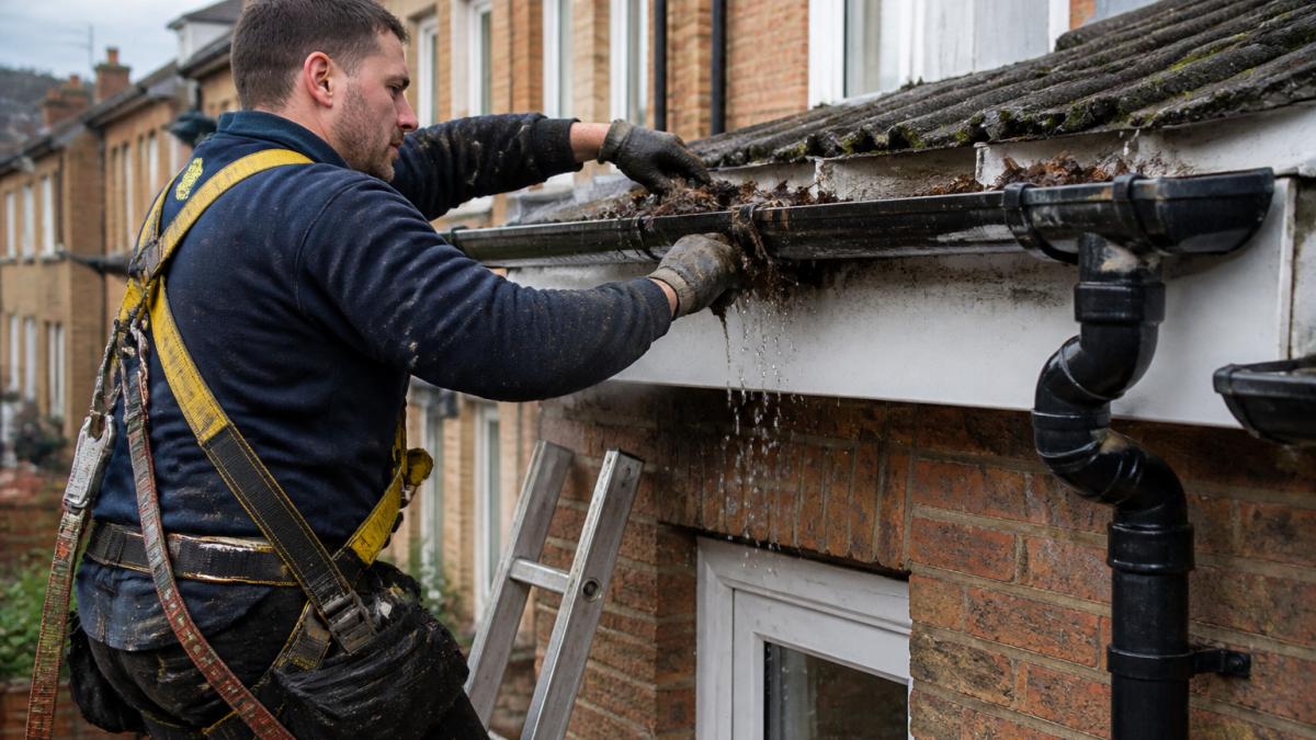 A roofer on a ladder wearing a safety harness, clearing a blocked gutter on a UK terraced house, with water visibly dripping from a joint