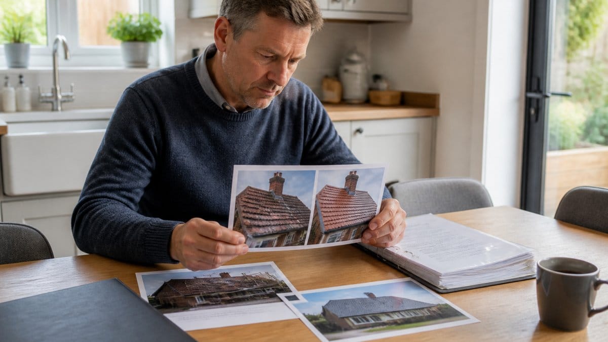 Homeowner reviewing roofing work photographs and reference documents at a kitchen table, examining before-and-after images of completed roof repairs in natural daylight
