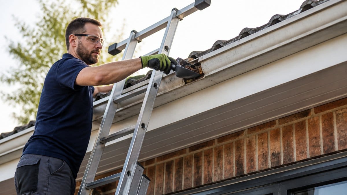 Homeowner positioned safely on a tall ladder with a stabiliser bar, wearing protective gloves and glasses, using a gutter scoop to remove debris from gutters with fascia visible in the background