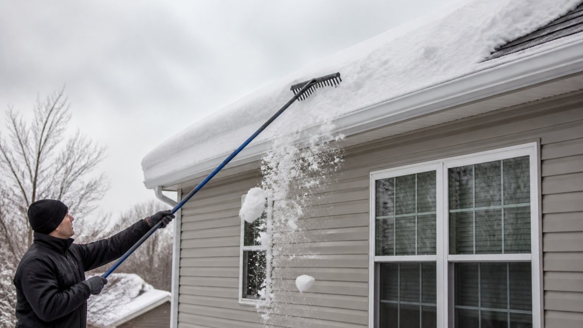 A homeowner standing safely on the ground using a long-handled roof rake to pull snow off the edge of a pitched house roof in winter, with snow falling away from the gutter