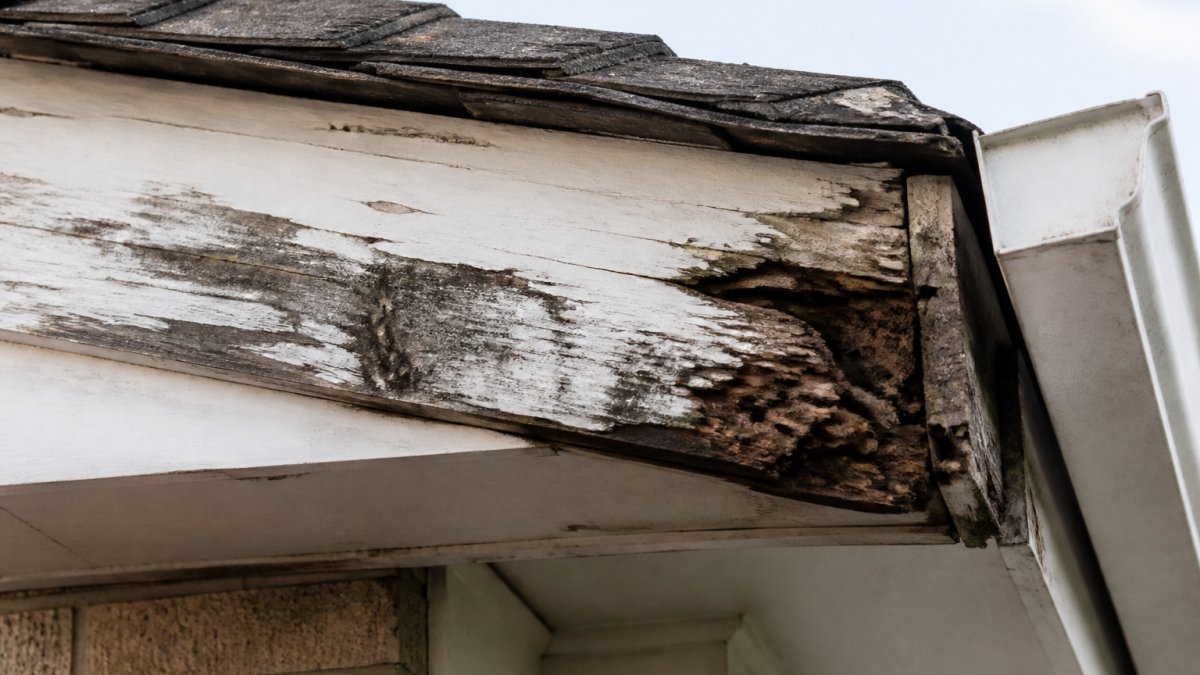 Close-up photograph of a weathered white fascia board along a roof edge, showing dark water stains, peeling paint, and crumbling wood at the corner near a gutter