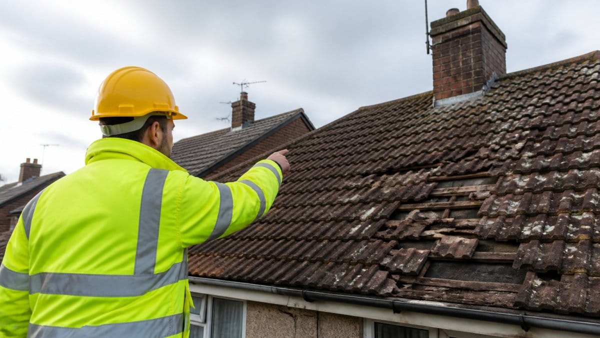 Roofing surveyor inspecting damaged tiles on a home to determine if is a new roof a good investment for your home