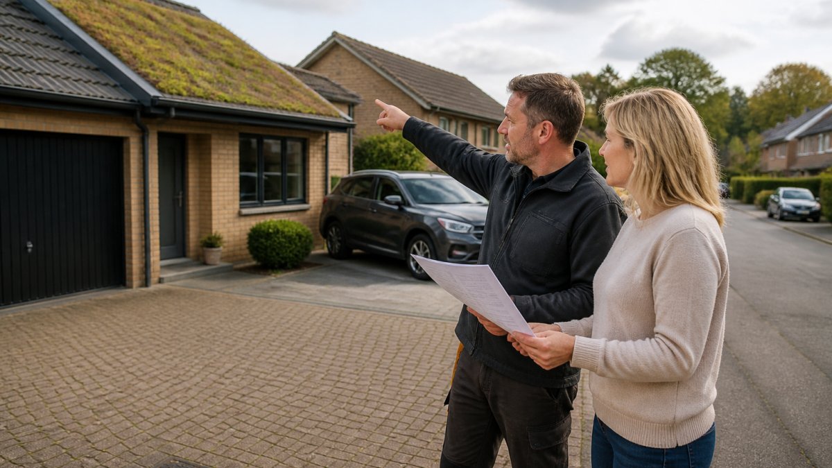 A roofer and a homeowner standing on a residential driveway, reviewing a printed quote and pointing at a house roof with a green sedum roof section visible, British suburban street in the background