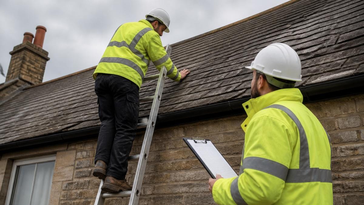 A homeowner and a roofing surveyor in high-visibility jackets examining a slate roof from a ladder, clipboard in hand, overcast British sky