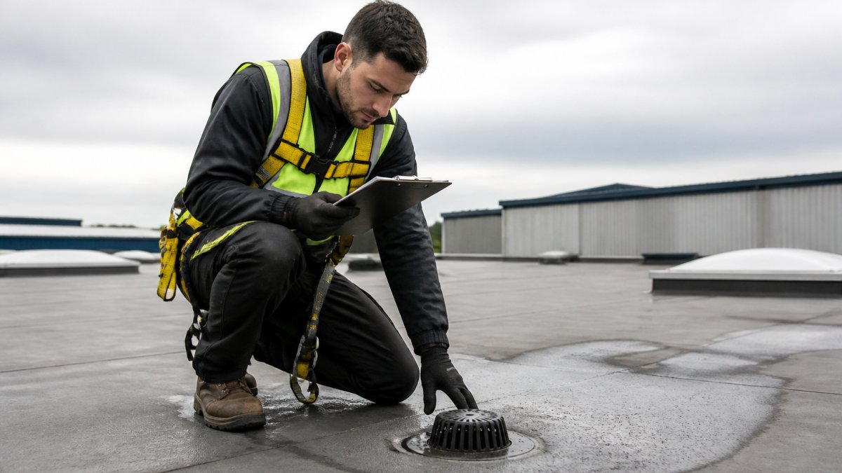 A roofing surveyor in high-visibility clothing and safety harness kneeling on a large flat commercial roof, inspecting a drainage outlet with a clipboard in hand, industrial units and overcast sky in the background