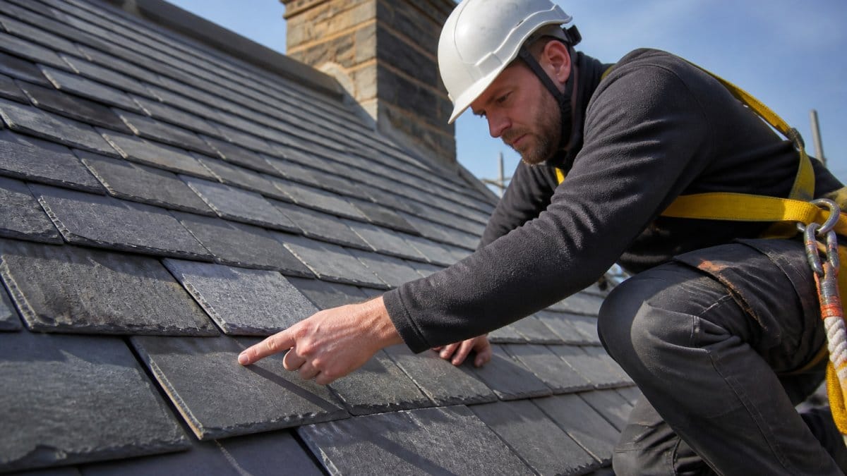 Professional roofer in safety harness inspecting slate roof tiles up close, checking for cracks and displacement, bright daylight illuminating the roof surface