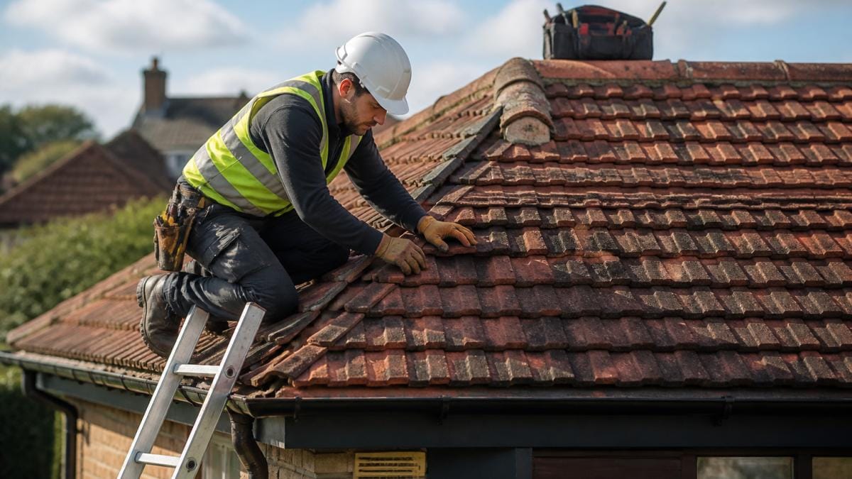 A roofer in safety gear on a ladder carefully re-seating a slipped clay tile on a pitched roof of a UK home, with a toolbox resting on the roof ridge nearby